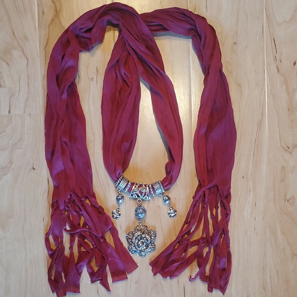 Burgundy Scarf with Silver Pendant
